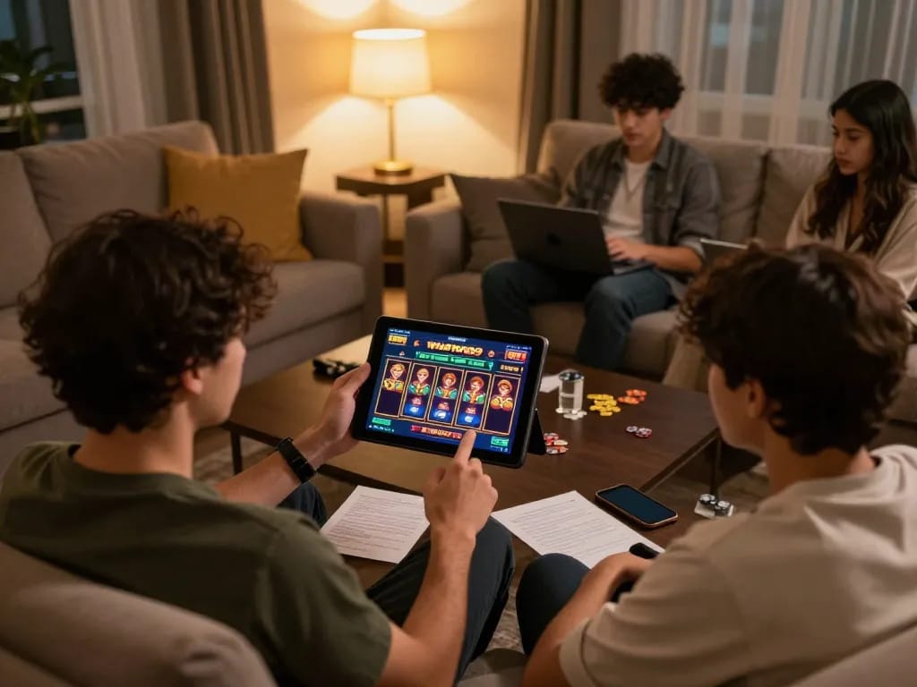 Engaging in strategic gameplay on winstrike69 with a cozy home setup, showcasing online casino interaction.