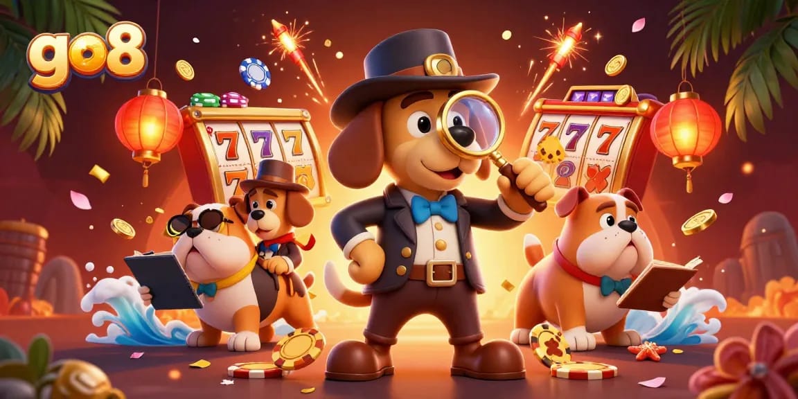 Go8 casino scene with a detective dog investigating poker chips and slot reels, vibrant and dynamic.