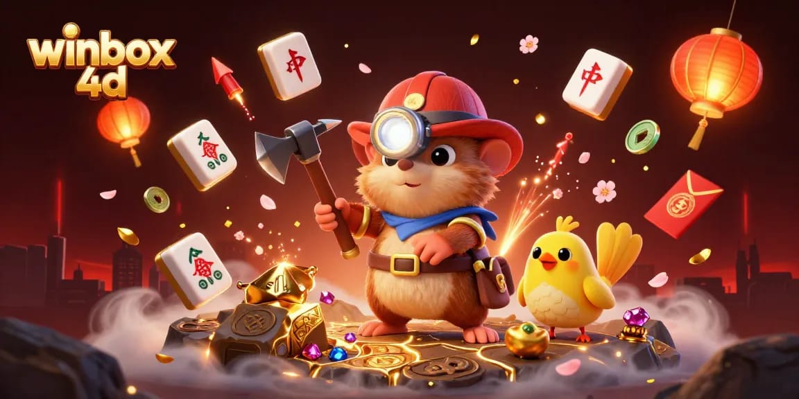 Engage with winbox 4d as a cartoon treasure hunter mole mines for gems in a bustling casino scene.