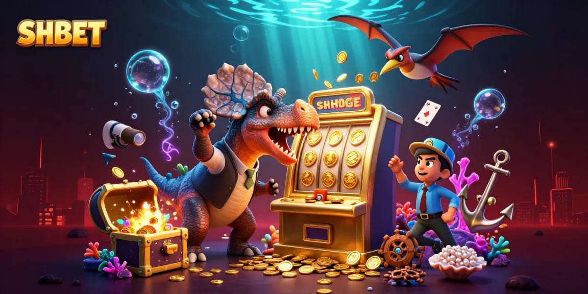 Headbutting golden slot machine for jackpots at SHBET casino with vibrant characters and treasure.