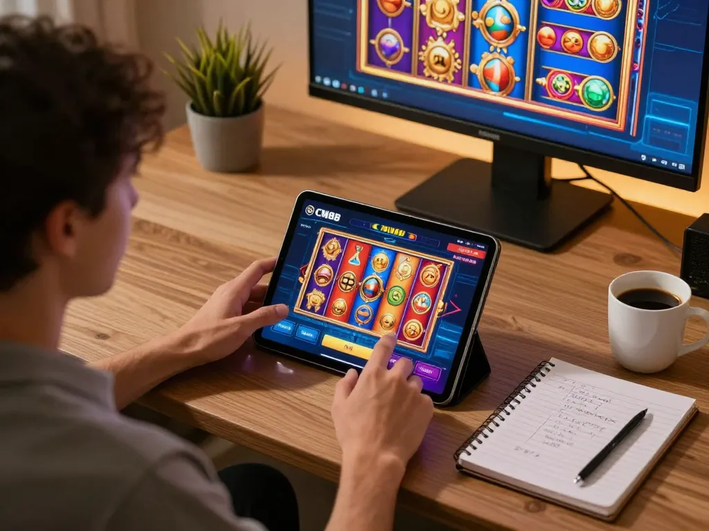 Player enjoying CM88 online casino on tablet, showcasing engaging gaming interface and comfortable setup