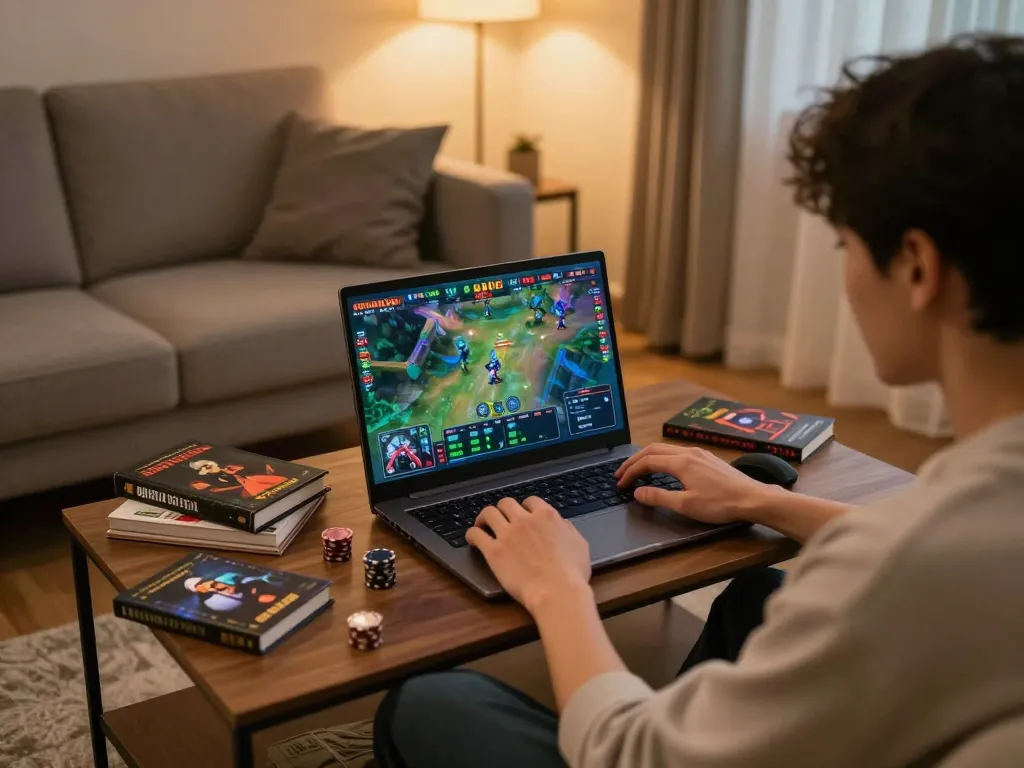 Person playing game bài đổi thưởng on a laptop at home, showcasing an exciting online gaming atmosphere.