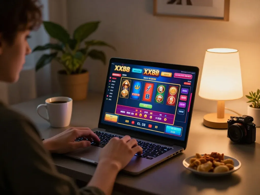 Player engages in online casino games at home with XX88 platform, cozy setup