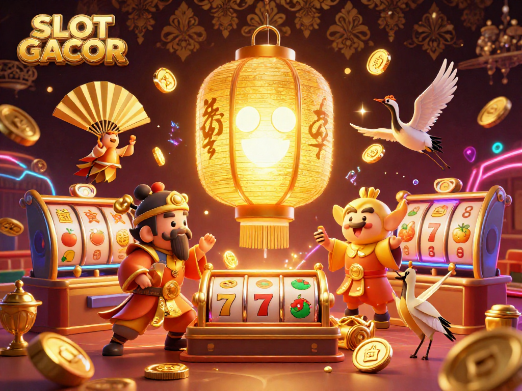 SLOT GACOR brings a vibrant casino scene alive with golden lantern spirit, lucky symbols, and dynamic game elements.