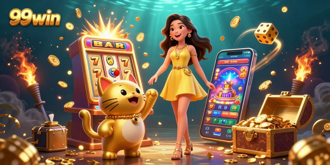 Engage in thrilling 99win online gaming with jackpot slots, cheerful characters, and vibrant action.