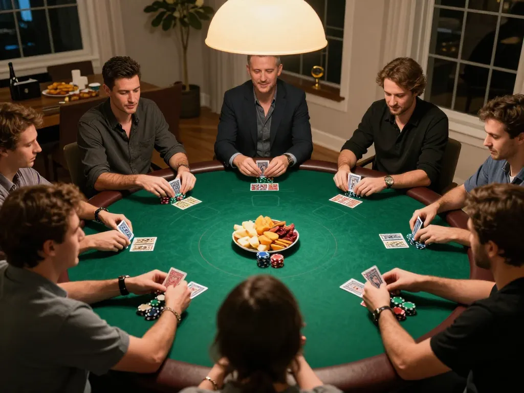 Players enjoying a lively poker game at home, vipwin atmosphere featuring chips and cards.