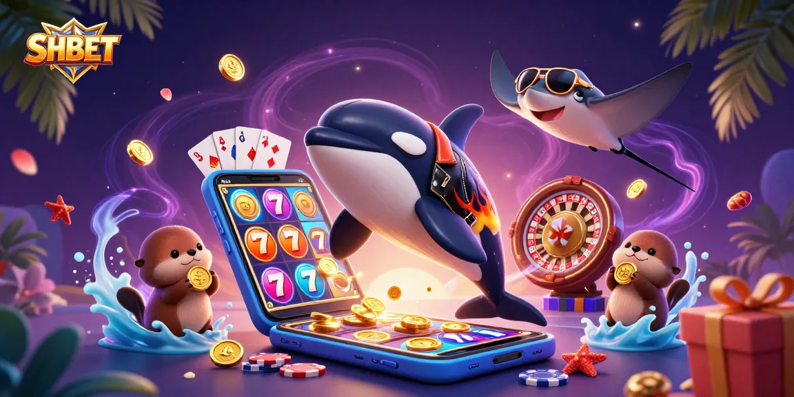 Exciting SHBET experience featuring a whale, stingray, and otters in a vibrant, dynamic casino scene.