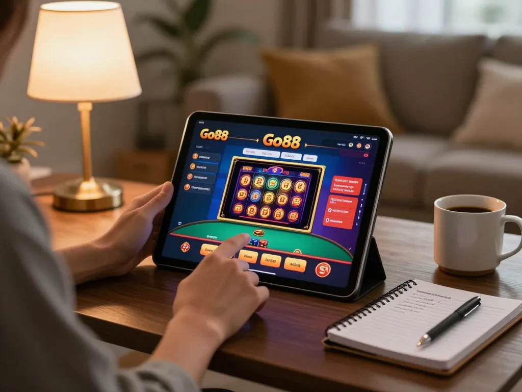 Trò chơi casino trực tuyến Go88 trên máy tính bảng trong một không gian ấm cúng tại nhà