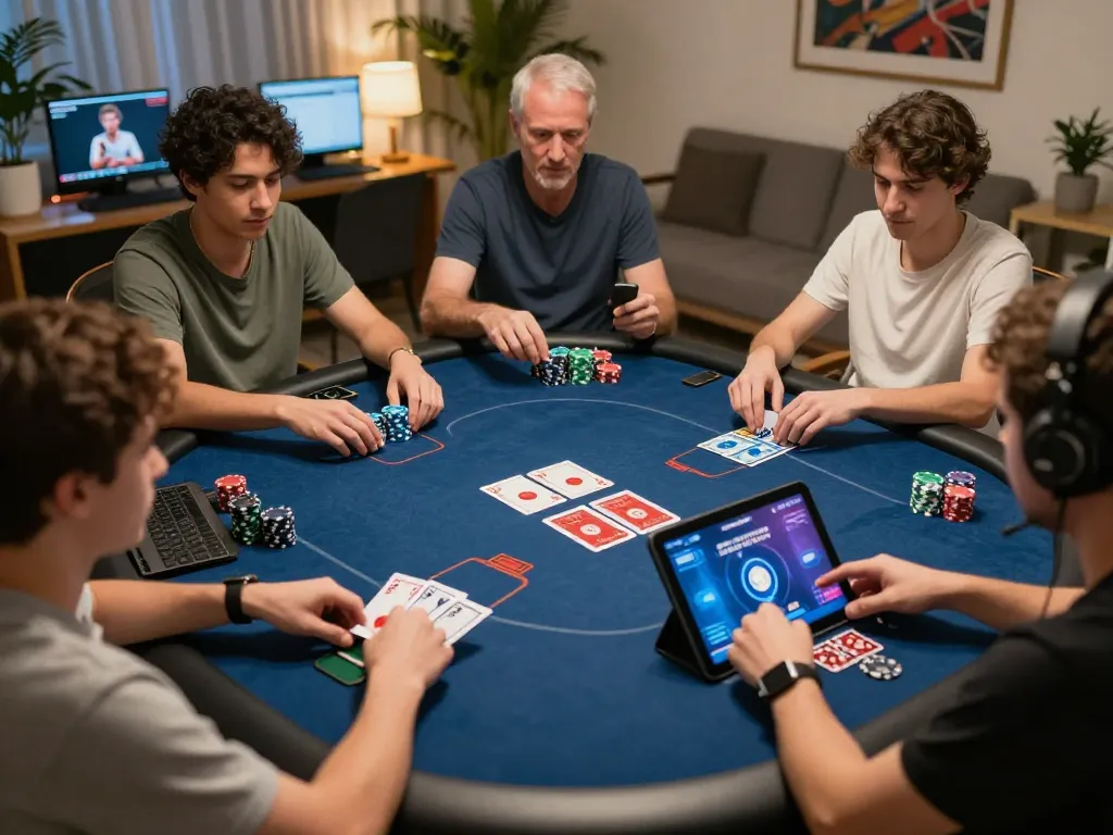 Bj88 players engaging in an online poker game, showcasing excitement and strategy in a vibrant home setting.