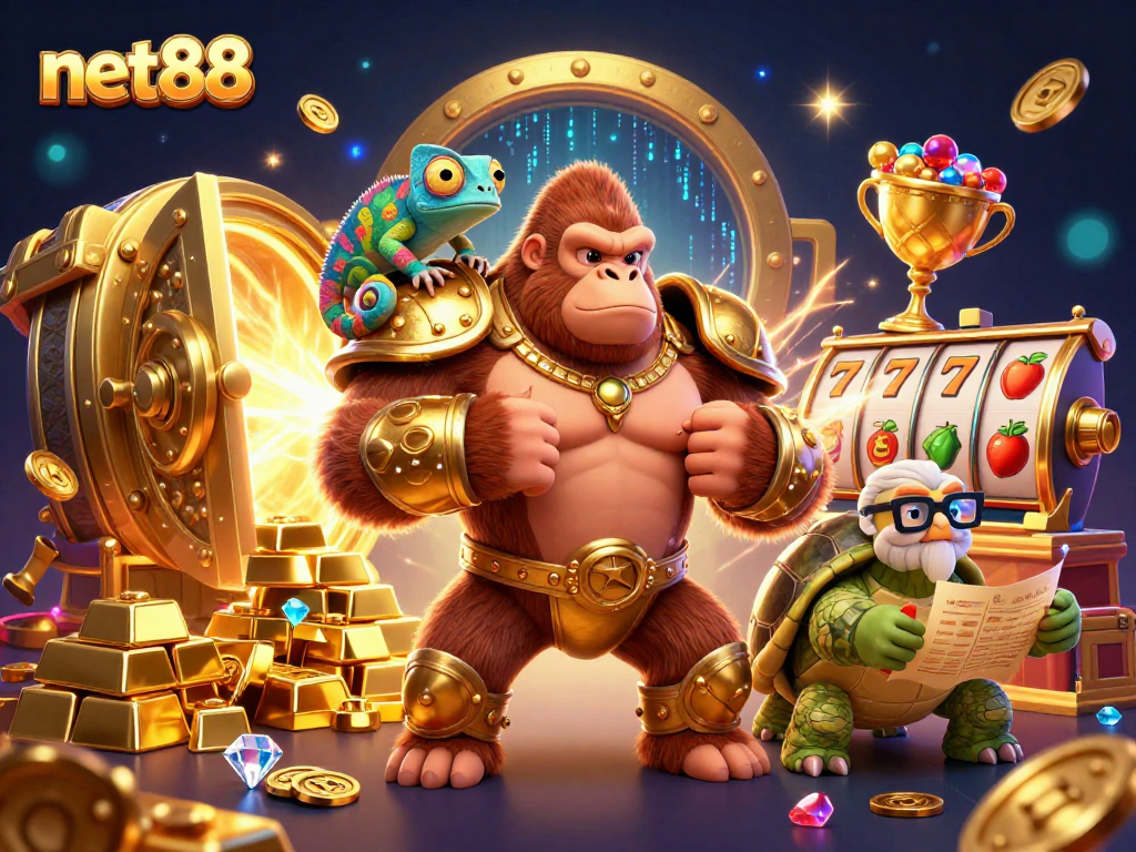 Experience thrilling gameplay at net88 with a vibrant casino scene featuring colorful characters and iconic symbols.