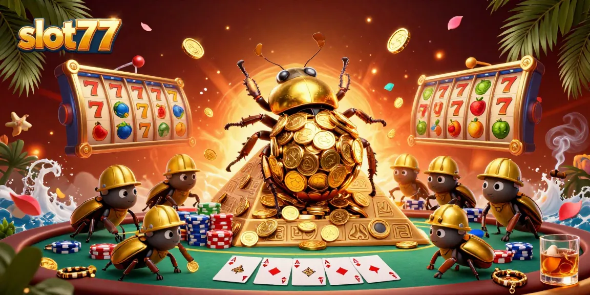 Experience thrilling slot777 wins with golden beetles in a vibrant, dynamic casino scene.