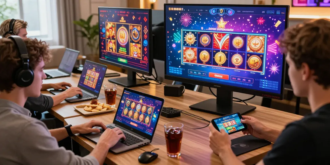Players exploring exciting new online casinos on devices with colorful game interfaces
