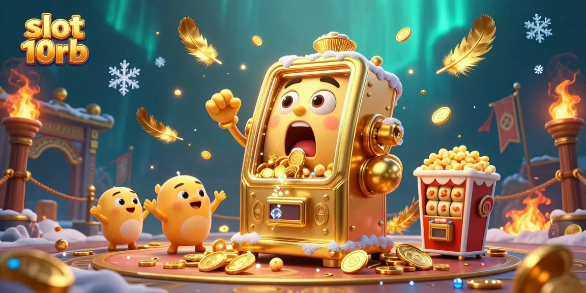 Experience winning thrills with slot 10rb as the golden slot machine hits a jackpot amid celebratory elements.