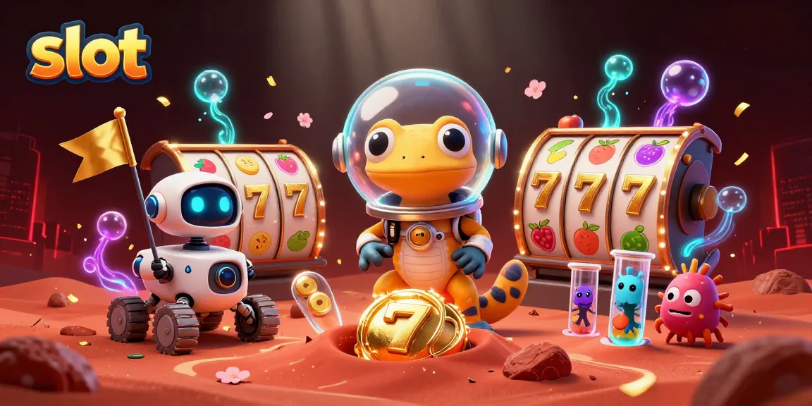 Menggali slot kasino emas di Mars, dengan karakter lucu menampilkan spin slot, simbol keberuntungan, dan efek berkilau.