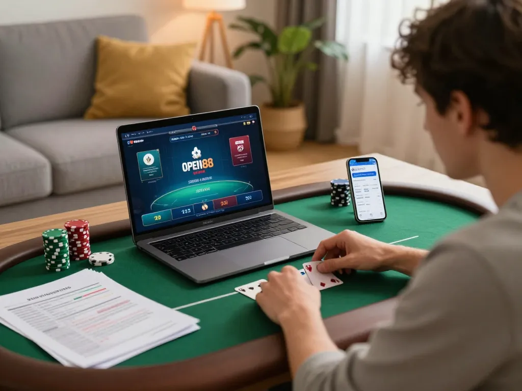 open88 user engaged in an online poker game, showcasing strategic notes and a cozy home setting.