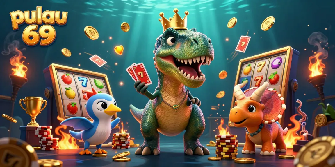 Pulau 69 showcases a playful scene of a T-Rex shuffling cards and a triceratops stacking chips amidst dynamic slot elements.