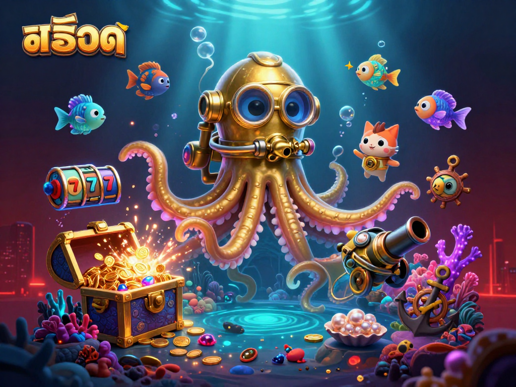 Experience the thrill of สล็อต with a vibrant casino scene featuring a kraken and diving cat.