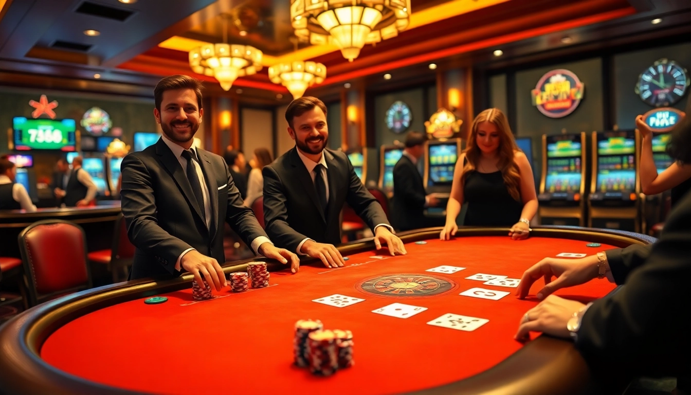 Engaged players enjoying high-stakes action at FB68 casino, with vibrant cards and chips on a polished table.