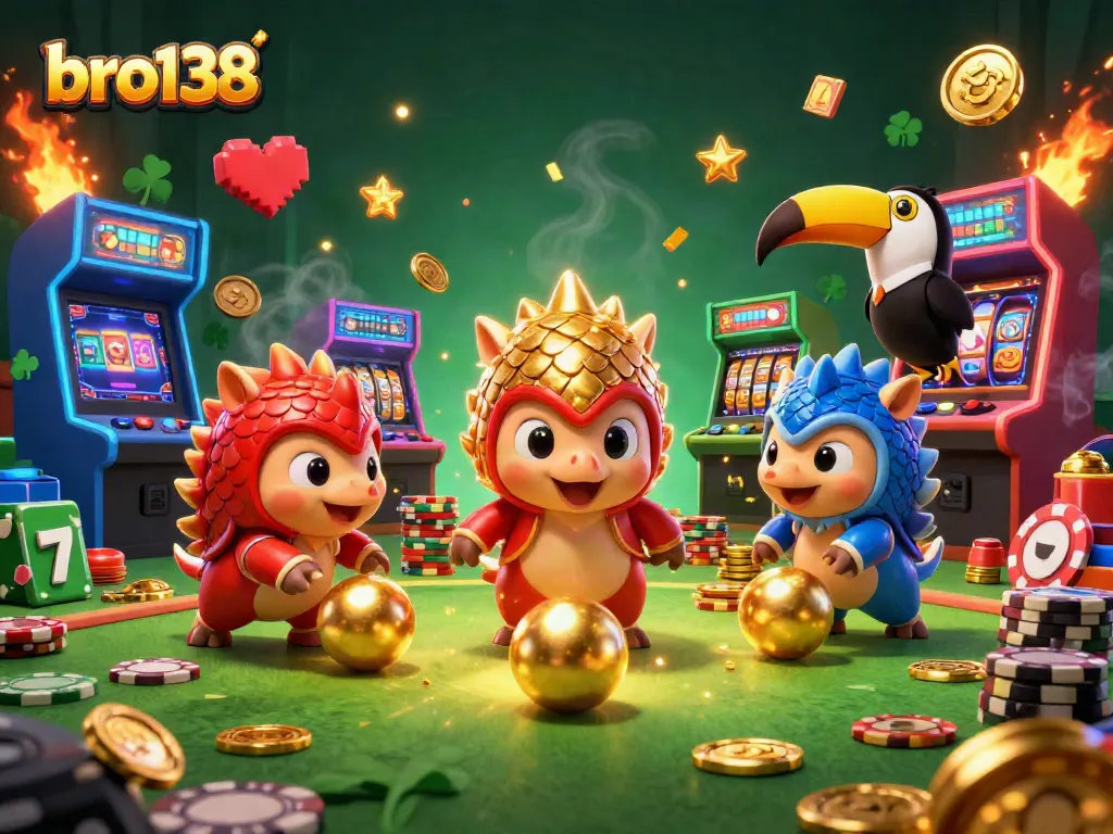 Bro138 pangolins compete in a colorful casino scene, with poker chips and slot reels.