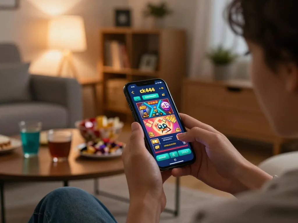Engaging with ck444 apk on a smartphone in a cozy home setting, enjoying casino games.