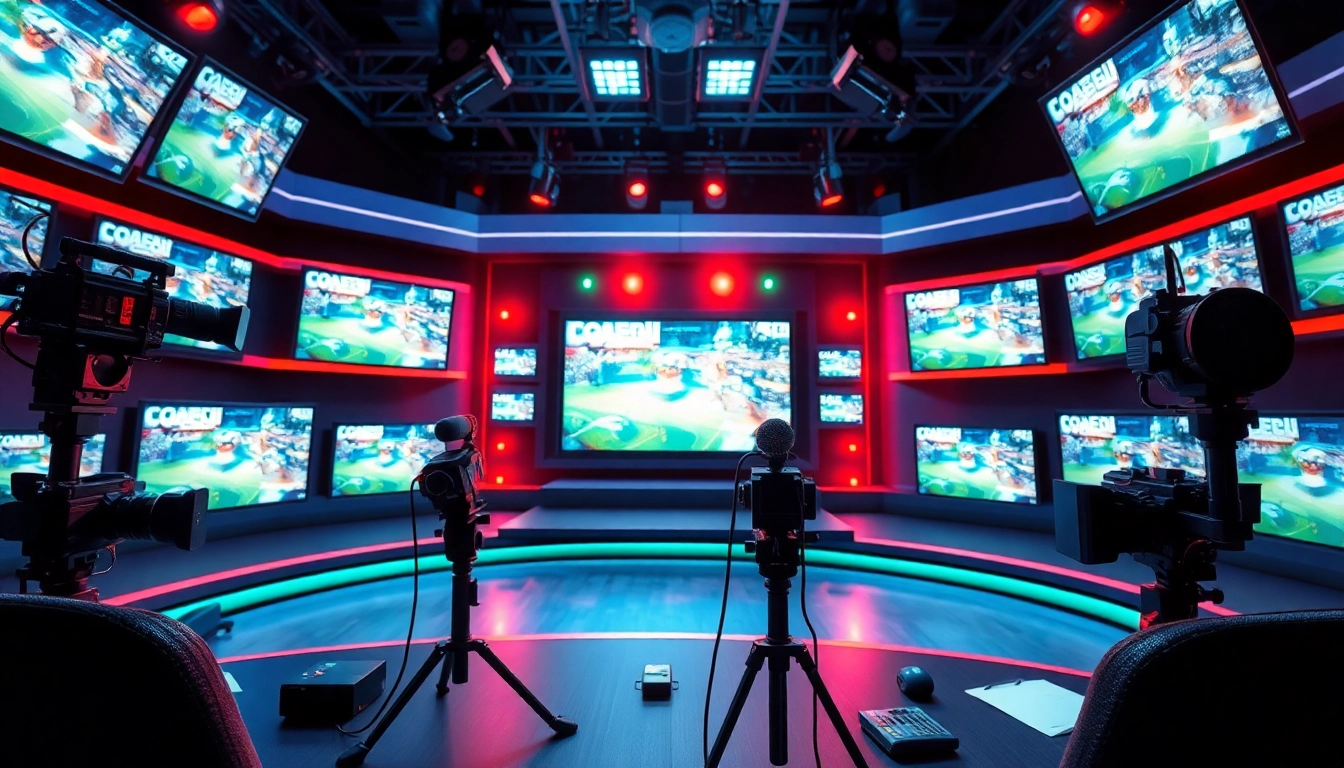 Dynamic scene of sports broadcasting showcasing high-tech equipment and monitors.