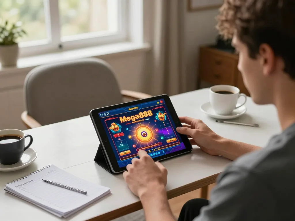 Engaging with mega888 apk on a tablet while enjoying a cozy home gaming environment