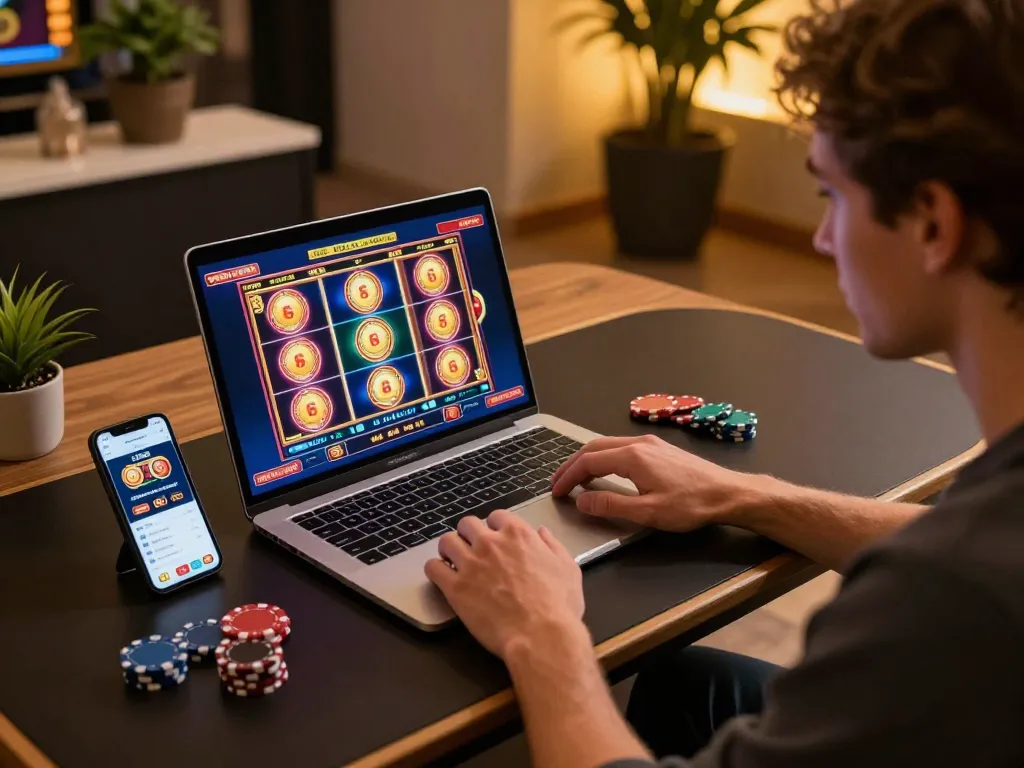 Engaging with slot terpercaya on an online casino setup showcasing vibrant graphics and betting options.