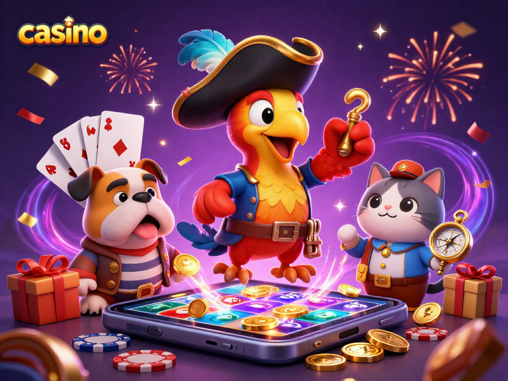 Experience the excitement of a casino with pirates celebrating as they spin the reels and win chips.