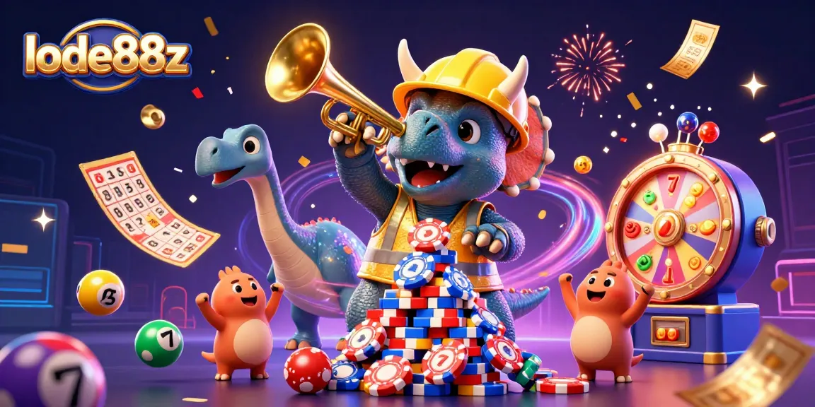 lode88z showcases a thrilling casino celebration with a triceratops and vibrant lottery elements