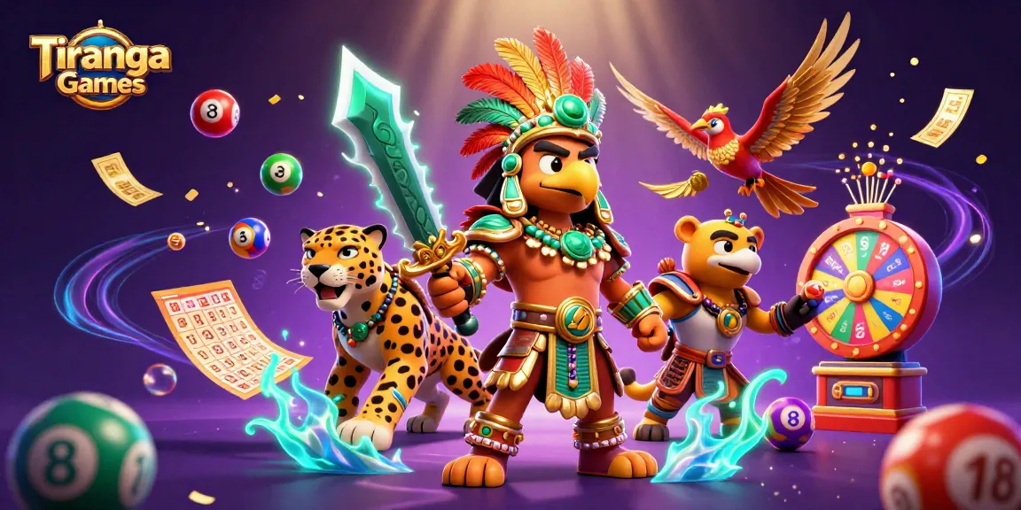 Tiranga Games showcase vibrant lottery balls and engaging warriors in an exciting digital illustration.