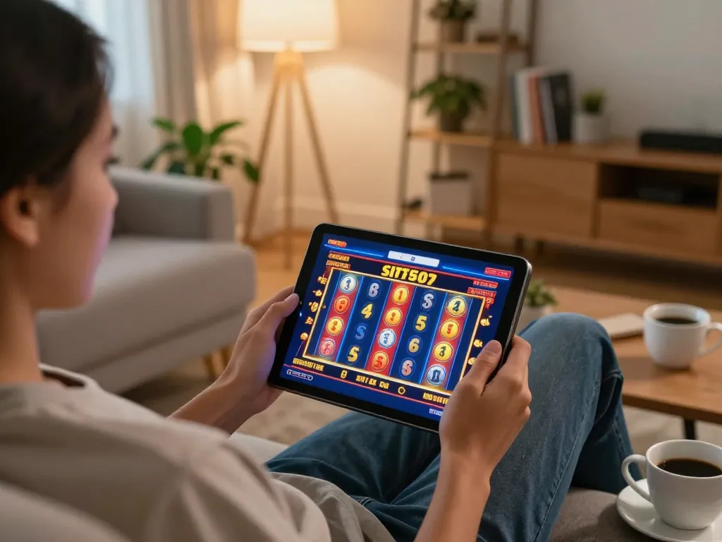 Sitting at home, enjoying situs slot games on tablet while cozying up in a warm living room.