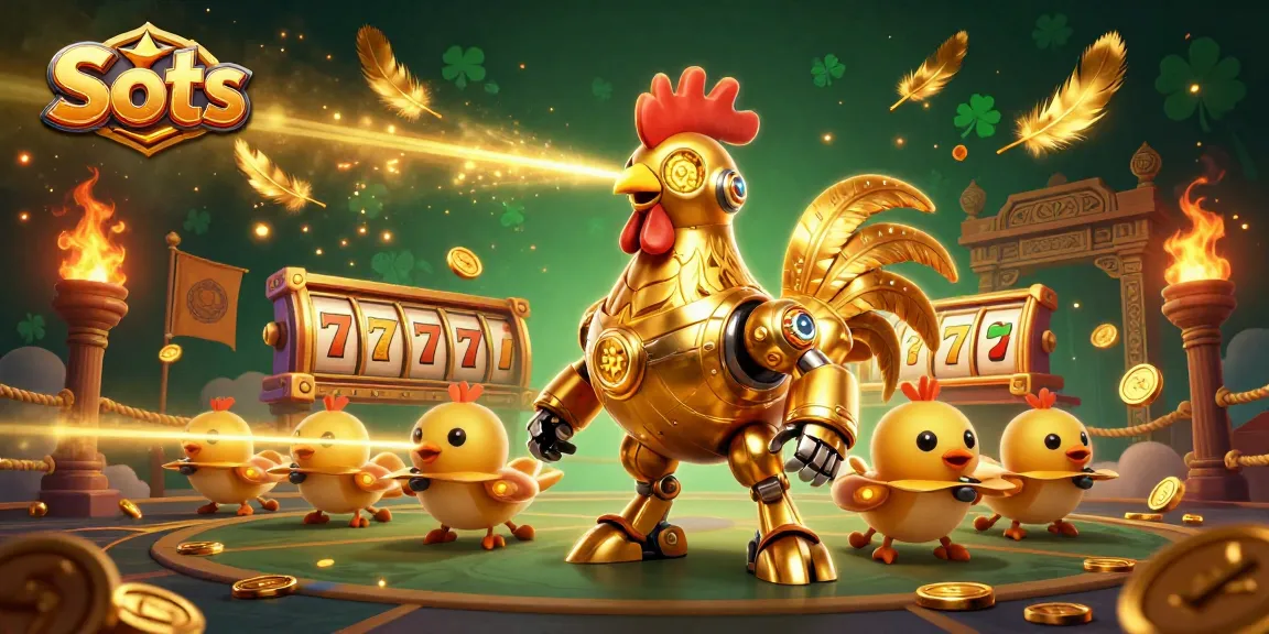 Enjoy thrilling Slots gameplay with a futuristic rooster robot shooting lasers amidst coins and colorful game elements.