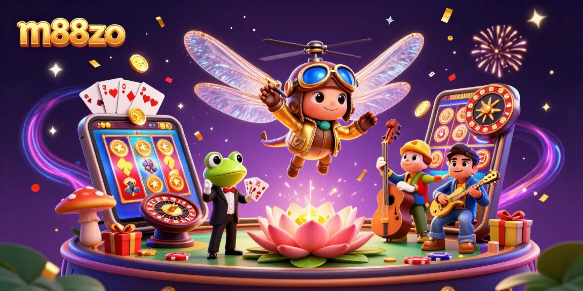 Experience gaming excitement with m88zo featuring vibrant characters like a dragonfly pilot and frog croupier.