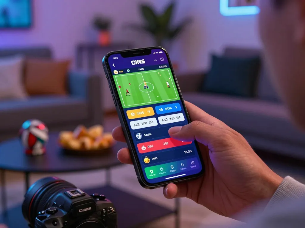 LGOGOAL user engaging with sports betting app while placing live bets at home, vibrant action scene.