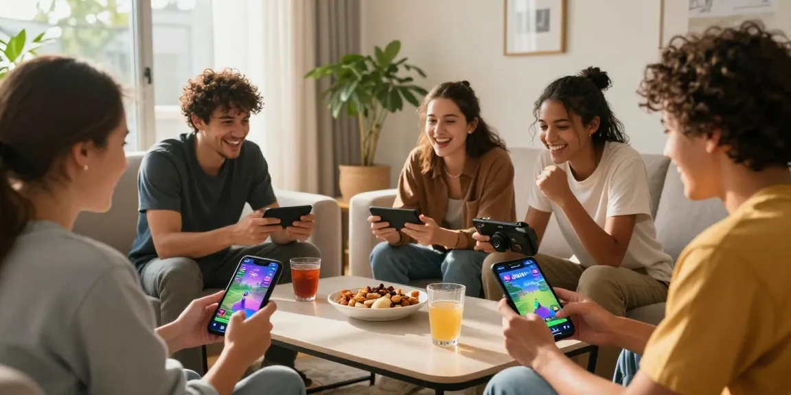 Friends enjoying the app Zowin in a lively home setting filled with laughter and games.