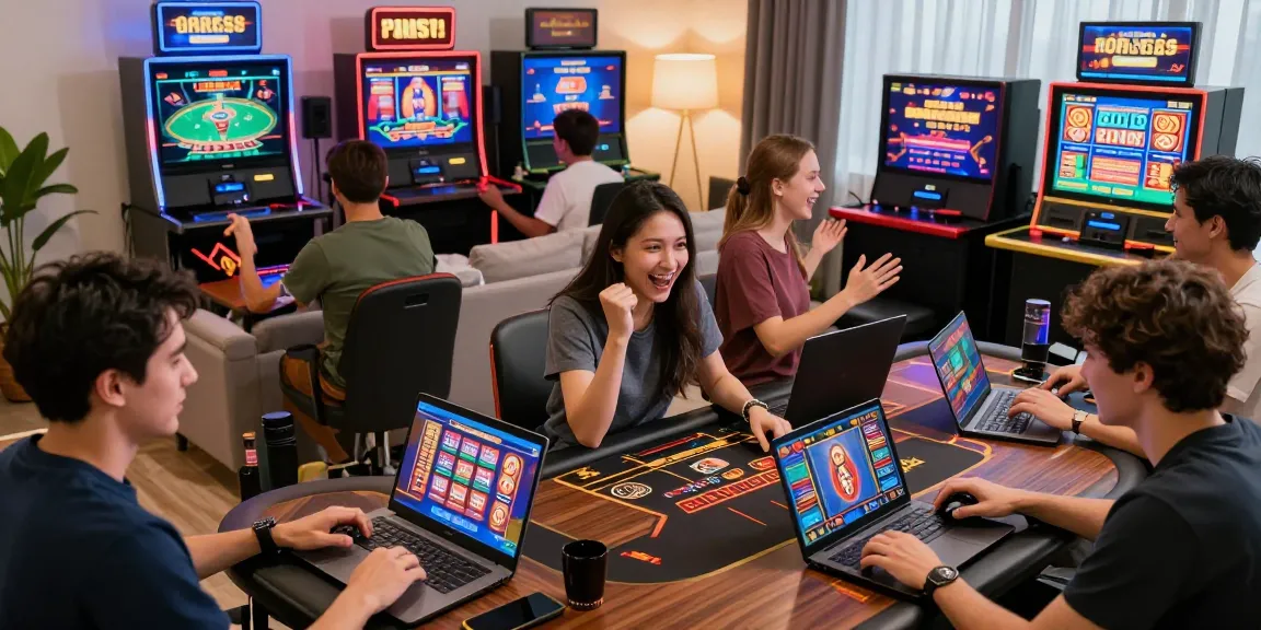 Exciting online casino scene at https://rokok88.bet with diverse adults playing games on mobile devices and laptops.