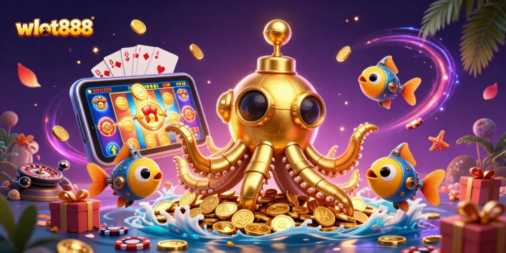 Menang di wslot888 dengan permainan slot dan ponsel yang memancarkan koin emas.