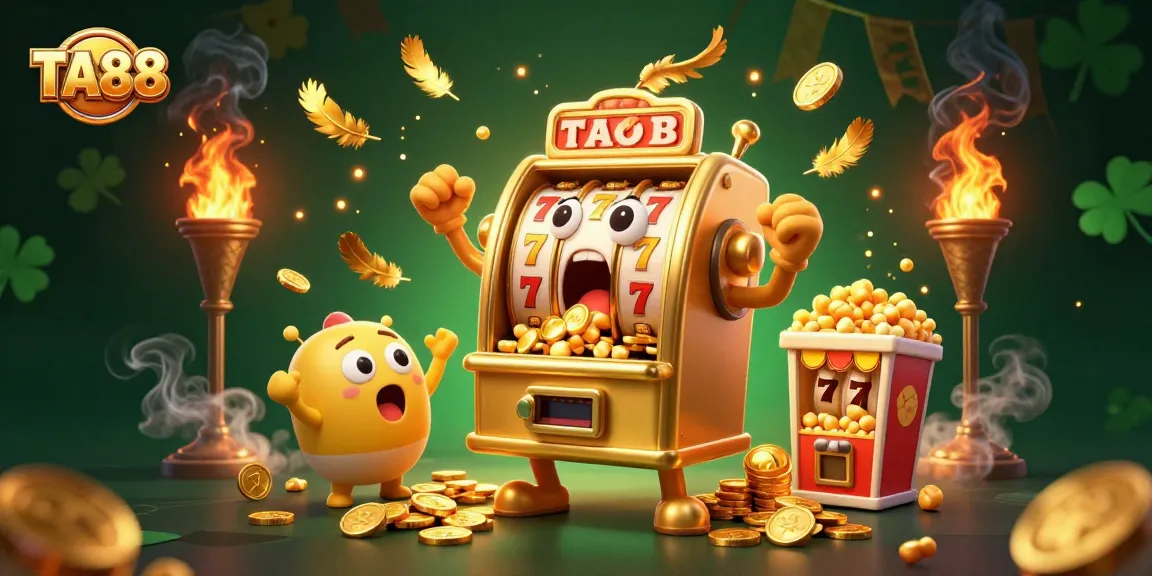 TA88 slot machine celebrating a jackpot win with baby machines cheering and popcorn machine sidekick.