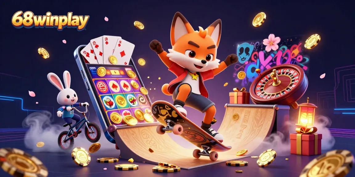 Experience thrilling gaming action with the vibrant 68winplay scene featuring a skateboarding fox and BMX rabbit surrounded by casino elements.