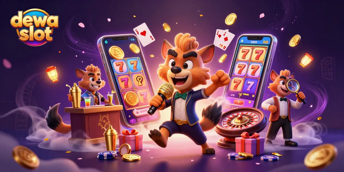 Experience dewa slot action with animated hyenas in a colorful casino scene full of games and laughter.
