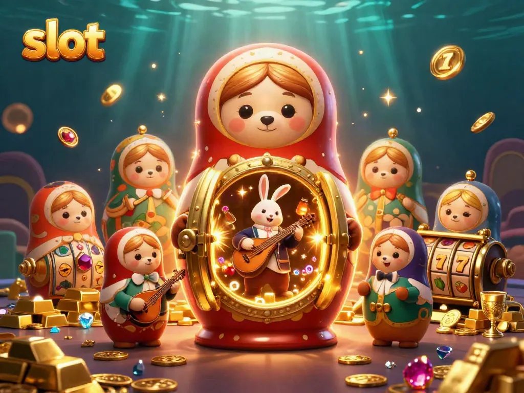 Menangkan slot dengan gambar kartun Medvedi Matryoshka dan elemen kasino yang kaya