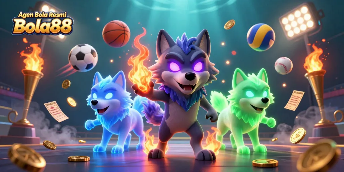 Agen Bola Resmi Bola88 showcases dynamic sports betting, featuring engaging 3D wolf characters, vibrant sports elements, and a thrilling atmosphere.