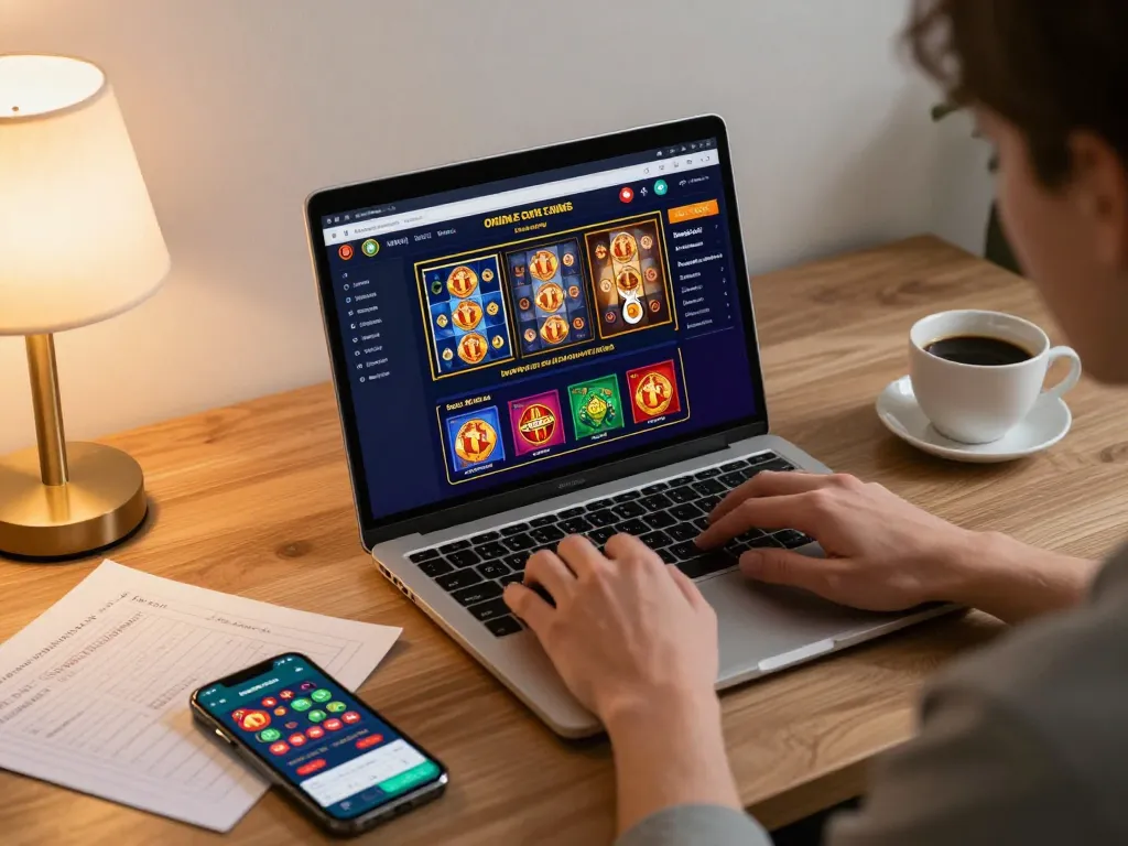 Engaged user playing rikvip online casino from a cozy home setup, laptop showing various games.