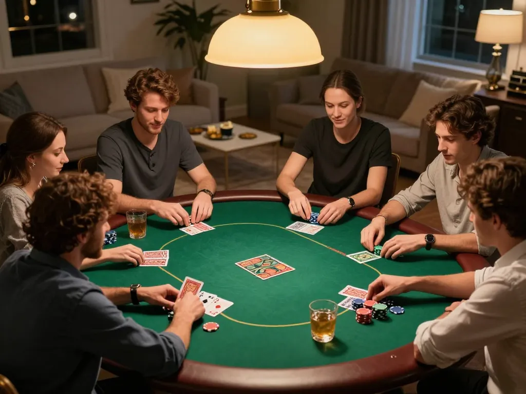 Engaging scene with players strategizing in Texas Hold'em poker game at home, showcasing TT88 atmosphere of friendly competition.