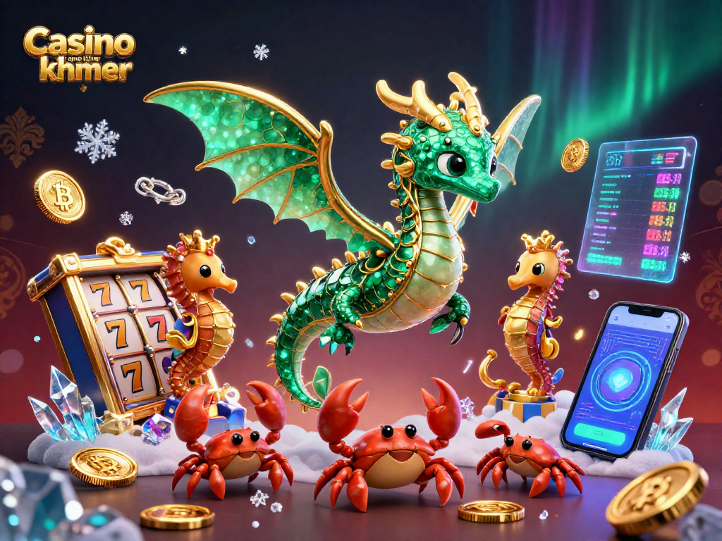 Join the fun at Casino online khmer with our vibrant 3D illustration showcasing slot reels, crypto coins, and lively sea creatures.