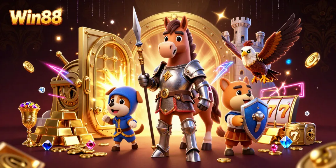 Win88 features thrilling slot action with knight and squire amidst treasures and vibrant energy