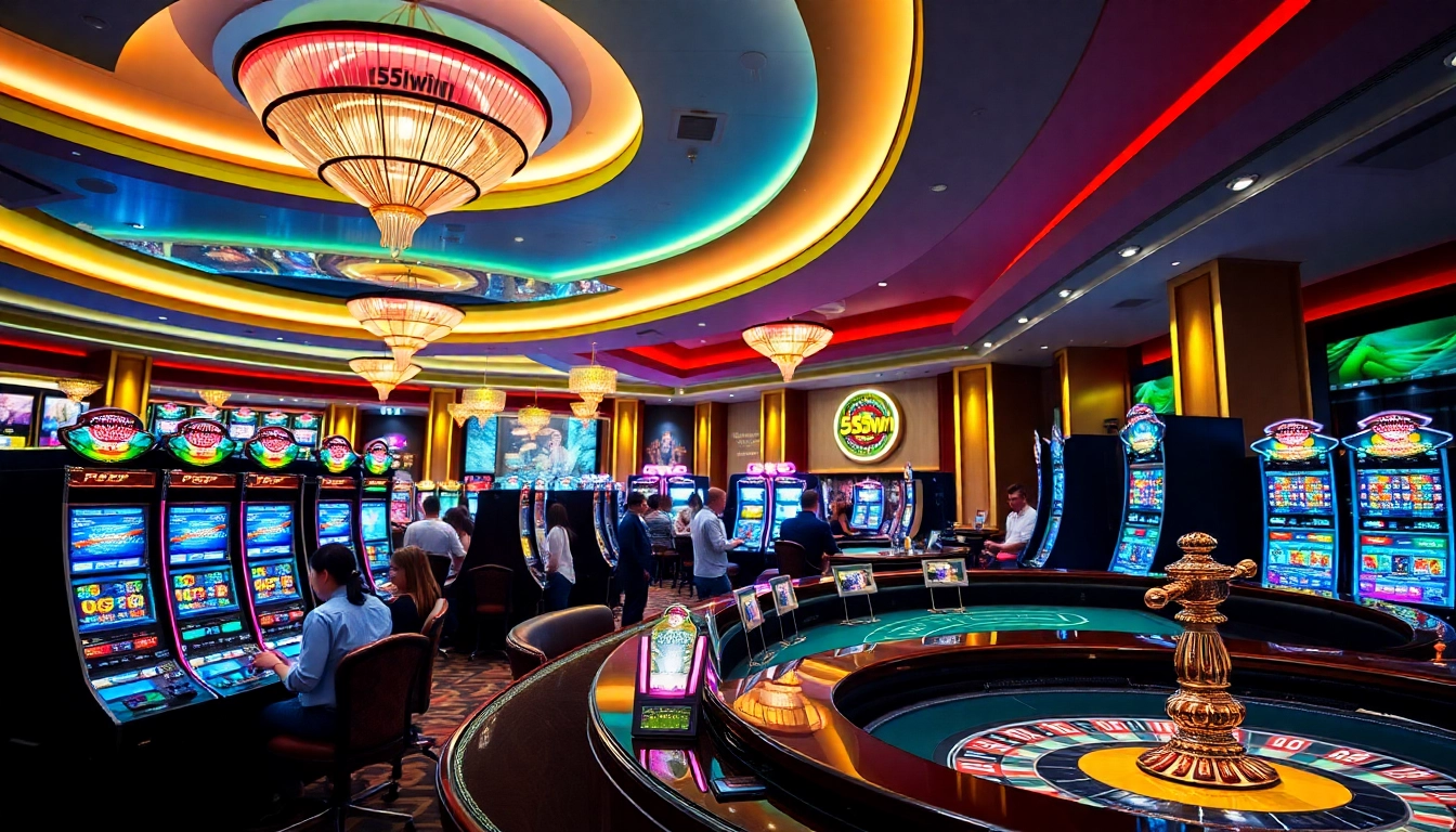 Players enjoying their time at 555win, engaging in slots and table games in a lavish casino atmosphere.