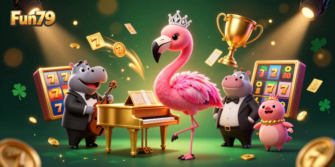 Experience the vibrant world of Fun79 with a flamingo singer, hippo bassist, and dynamic casino elements.