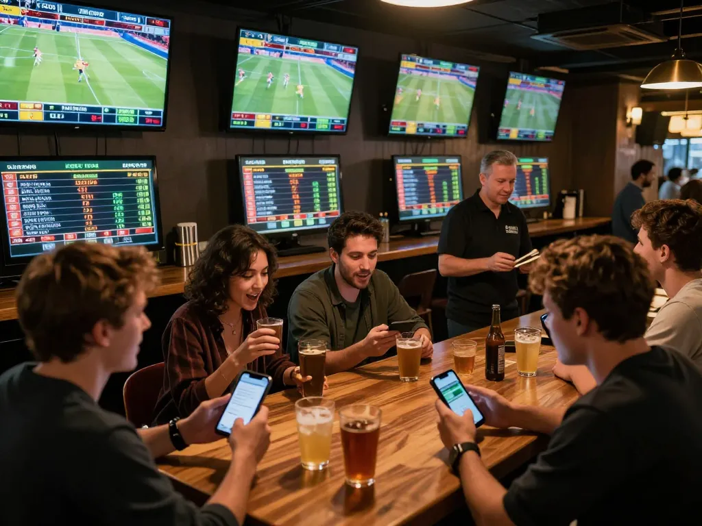 Live bettors engaging in dynamic sports betting at fabet, surrounded by screens and excitement.