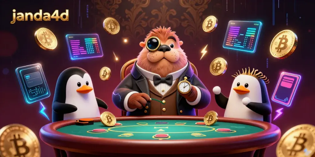 Gambarkan permainan poker yang menyenangkan di janda4d dengan walrus, penguin, dan ikan bantal.